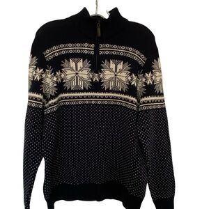 Aspen Mens Navy Snowflake Fair Isle Cotton 1/4 Zip Up Ski Resort Sweater- Sz-L